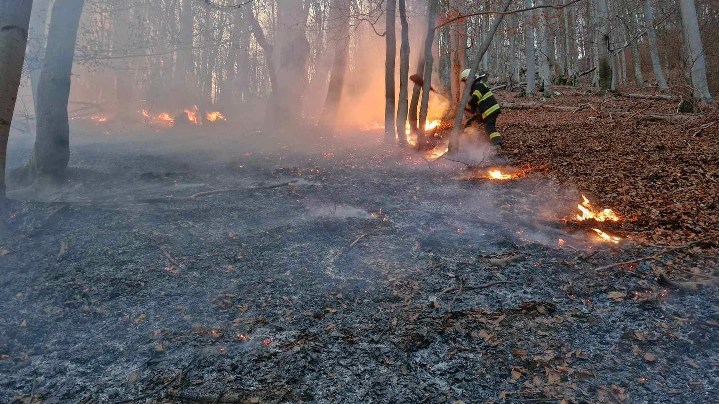 Foto: Požiar lesa vo Valaskej Belej (okres Prievidza). Zasahuje viac ako 120 hasičov