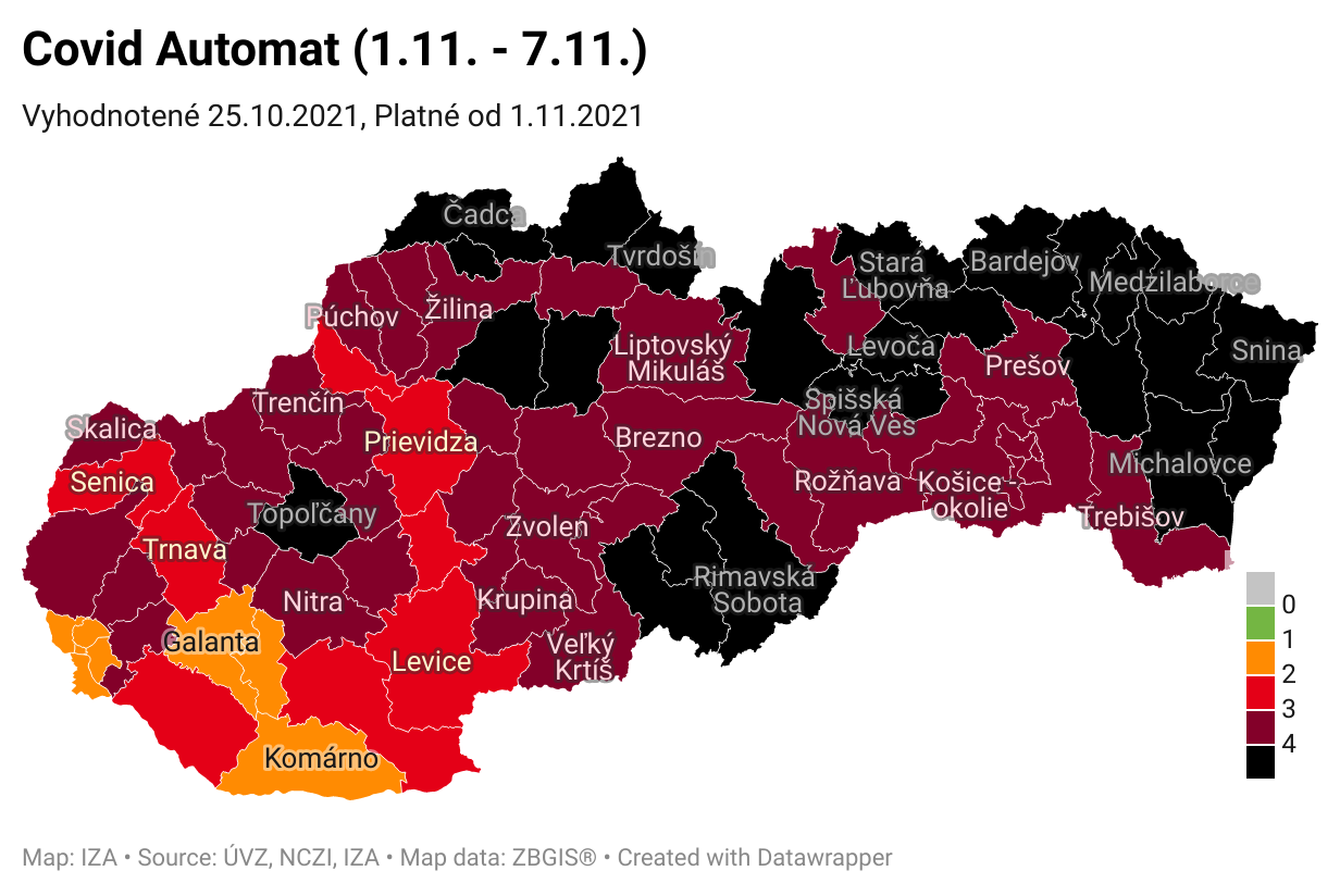 Čierne okresy na Slovensku od pondelka výrazne pribudli, bordových je 39 a oranžové aj červené ubudli